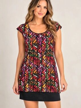 Connected Apparel Geometric Mini Dress in Black & Multicolor Size 12 Like New